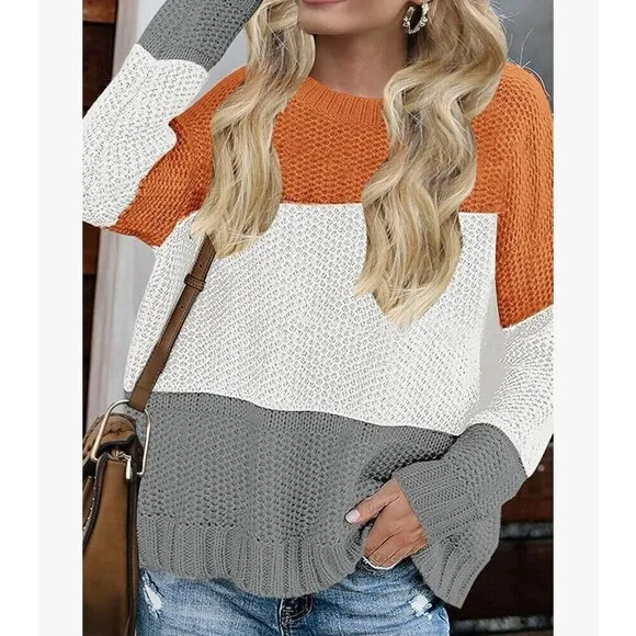Fall sweater Long Sleeve Crew Neck Striped Color Block Casual Loose Knitted sz M