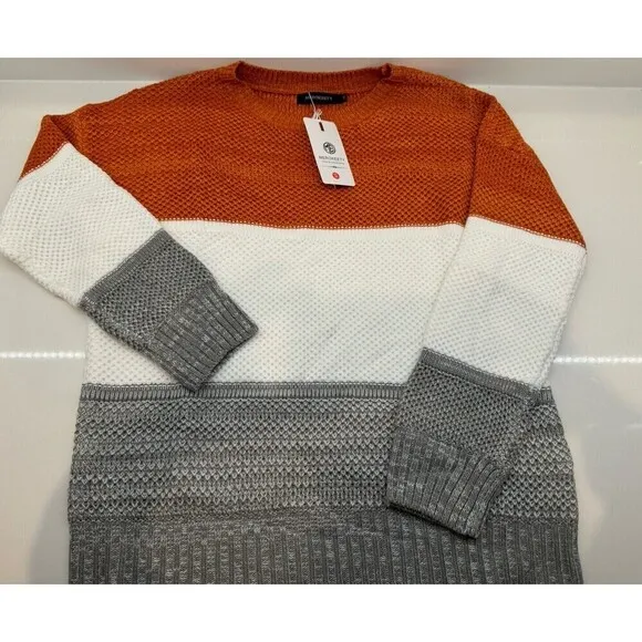 Fall sweater Long Sleeve Crew Neck Striped Color Block Casual Loose Knitted sz M