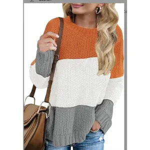 Fall sweater Long Sleeve Crew Neck Striped Color Block Casual Loose Knitted sz M