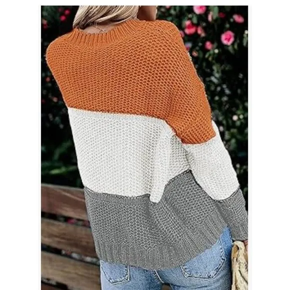 Fall sweater Long Sleeve Crew Neck Striped Color Block Casual Loose Knitted sz M