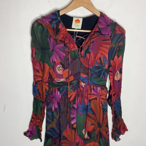 Farm Rio Bird Flowers long sleeve ruffled lace up maxi dress size XS