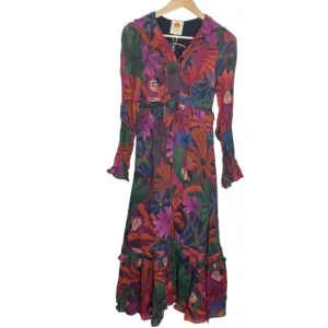 Farm Rio Bird Flowers long sleeve ruffled lace up maxi dress size XS