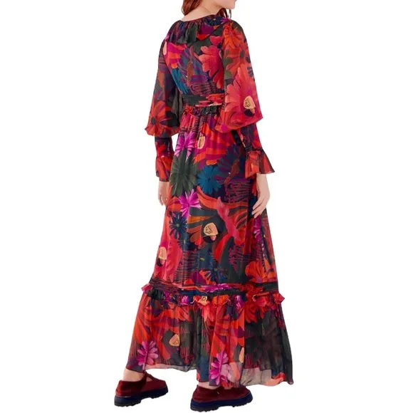 Farm Rio Bird Flowers long sleeve ruffled lace up maxi dress size XS