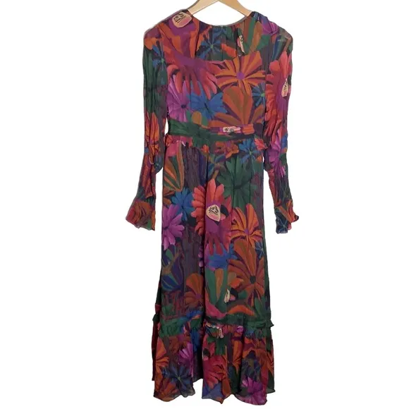 Farm Rio Bird Flowers long sleeve ruffled lace up maxi dress size XS