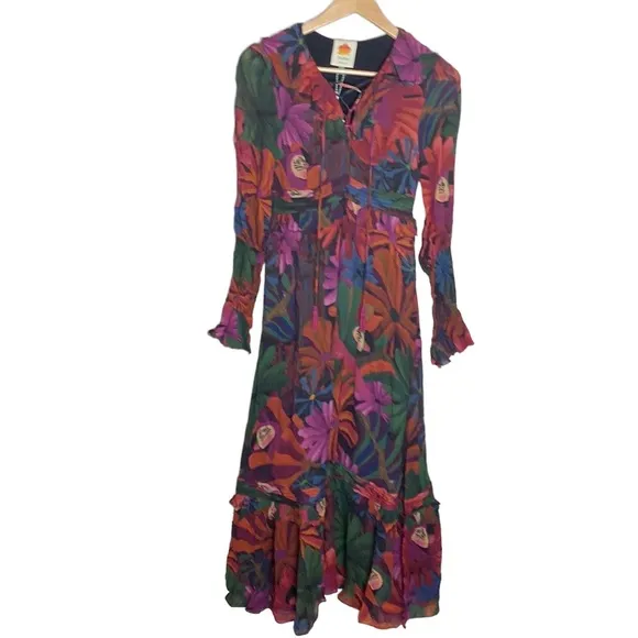 Farm Rio Bird Flowers long sleeve ruffled lace up maxi dress size XS