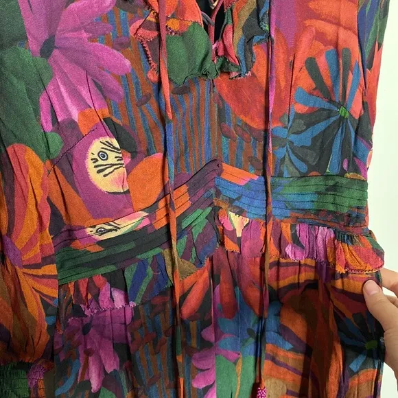 Farm Rio Bird Flowers long sleeve ruffled lace up maxi dress size XS
