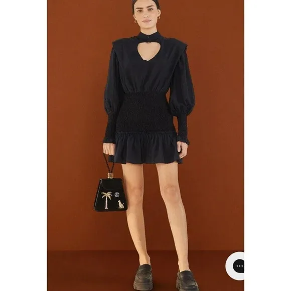 Farm Rio Heart Neckline Mini Dress Size XS Black Ruffle Mock Neck Valentines