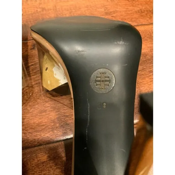 Femme Nude Patent Leather Clear Gold Stiletto Slides High Heels Size 39 / 9