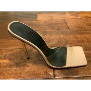 Femme Nude Patent Leather Clear Gold Stiletto Slides High Heels Size 39 / 9