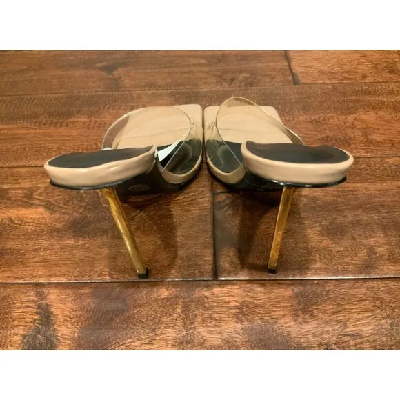 Femme Nude Patent Leather Clear Gold Stiletto Slides High Heels Size 39 / 9