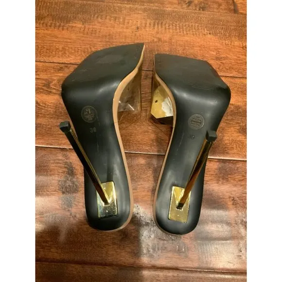 Femme Nude Patent Leather Clear Gold Stiletto Slides High Heels Size 39 / 9