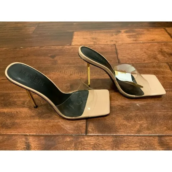 Femme Nude Patent Leather Clear Gold Stiletto Slides High Heels Size 39 / 9