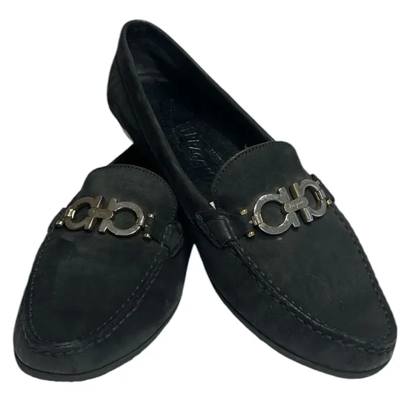 Ferragamo Reversible Gancini Buckle Moccasin Loafer Flats Wom 8.5 Black 16223