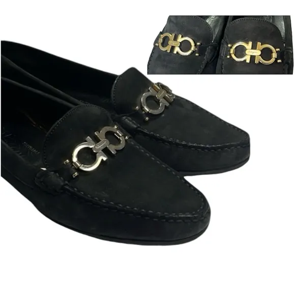 Ferragamo Reversible Gancini Buckle Moccasin Loafer Flats Wom 8.5 Black 16223