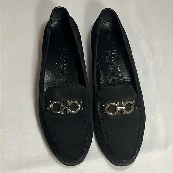 Ferragamo Reversible Gancini Buckle Moccasin Loafer Flats Wom 8.5 Black 16223