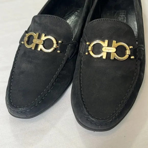 Ferragamo Reversible Gancini Buckle Moccasin Loafer Flats Wom 8.5 Black 16223