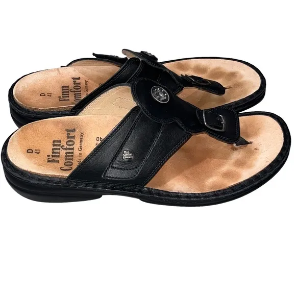 Finn Comfort Black Leather Wichita Flip Flop Thong Sandals
