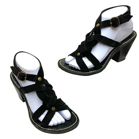 FIORENTINI‎   BAKER Black Suede Ankle Wrap Chunky Heel Sandals