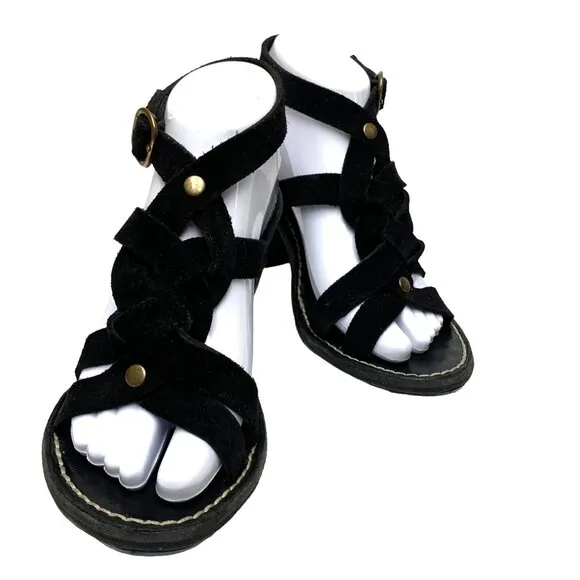 FIORENTINI‎   BAKER Black Suede Ankle Wrap Chunky Heel Sandals
