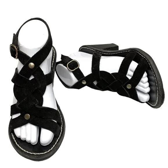 FIORENTINI‎   BAKER Black Suede Ankle Wrap Chunky Heel Sandals
