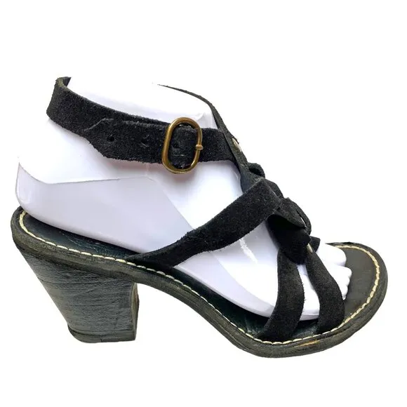 FIORENTINI‎   BAKER Black Suede Ankle Wrap Chunky Heel Sandals