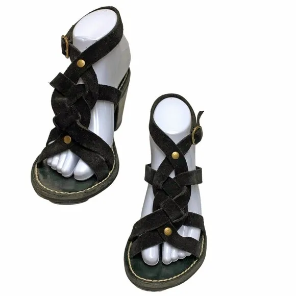 FIORENTINI‎   BAKER Black Suede Ankle Wrap Chunky Heel Sandals
