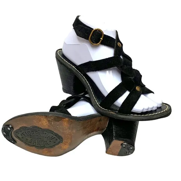FIORENTINI‎   BAKER Black Suede Ankle Wrap Chunky Heel Sandals