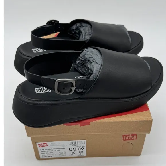 Fitflop F-Mode Leather Platform Sandals Back Strap All Black US 9