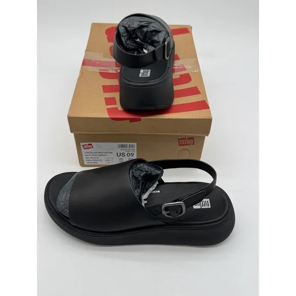 Fitflop F-Mode Leather Platform Sandals Back Strap All Black US 9