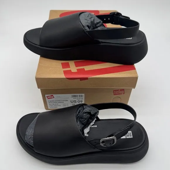 Fitflop F-Mode Leather Platform Sandals Back Strap All Black US 9