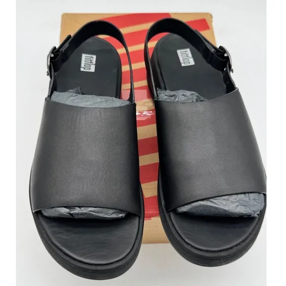 Fitflop F-Mode Leather Platform Sandals Back Strap All Black US 9