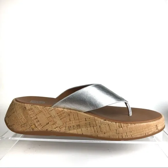Fitflop F-mode Metallic Leather and Cork Platform Thong Sandals Sz 7