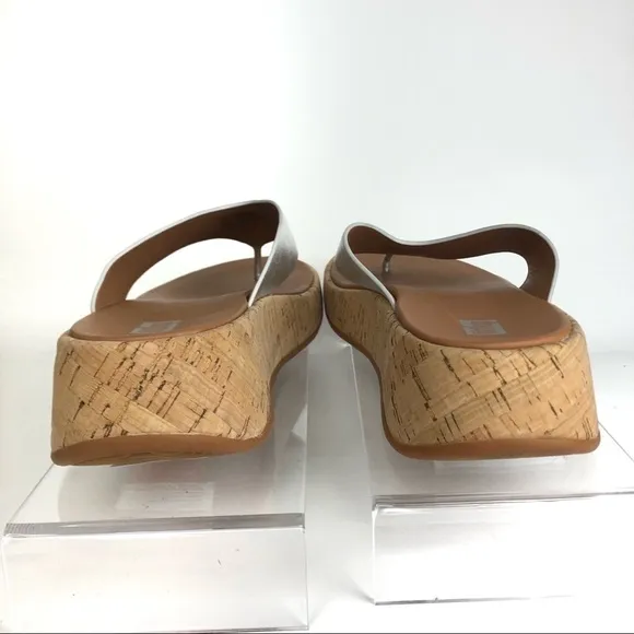 Fitflop F-mode Metallic Leather and Cork Platform Thong Sandals Sz 7