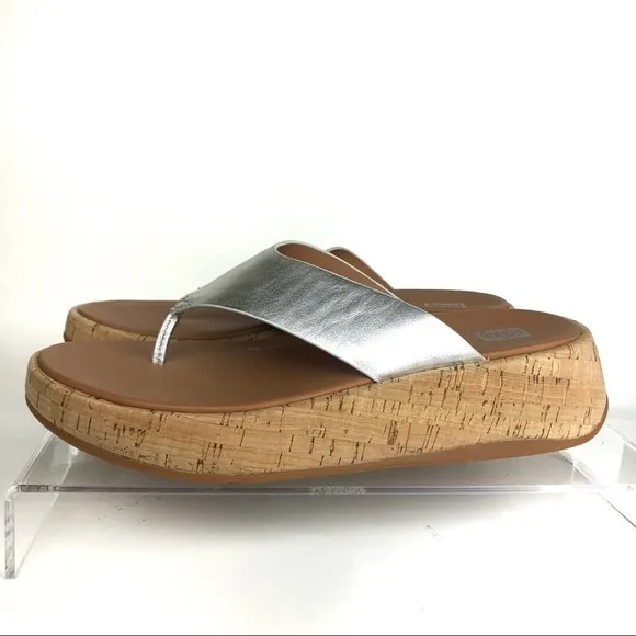 Fitflop F-mode Metallic Leather and Cork Platform Thong Sandals Sz 7
