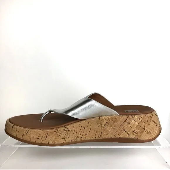 Fitflop F-mode Metallic Leather and Cork Platform Thong Sandals Sz 7