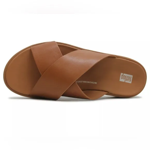 FitFlop Womens Sandals F Mode Flatform Cross Slip-On Slides Leather LIGHT TAN