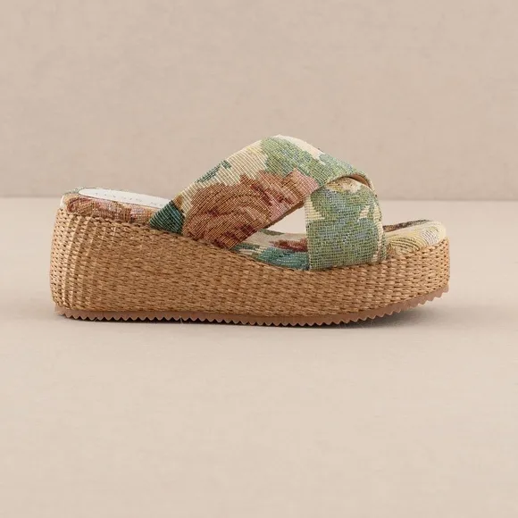 Floral Tapestry Raffia Platform Sandals - Oasis Society