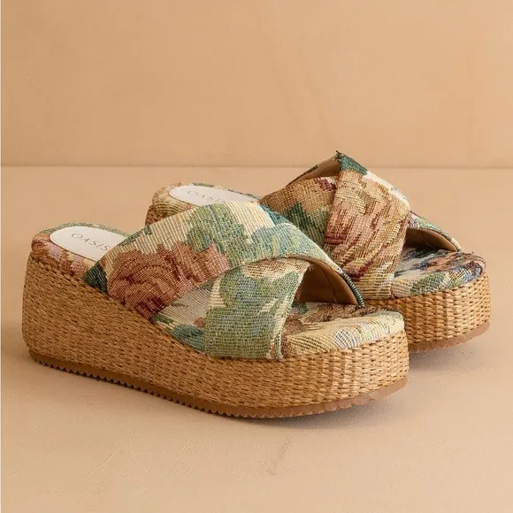 Floral Tapestry Raffia Platform Sandals - Oasis Society