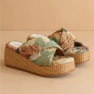 Floral Tapestry Raffia Platform Sandals - Oasis Society