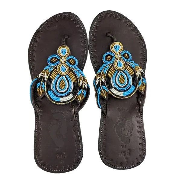 Flower Link Backstrap Beaded Leather Sandals from Kenya