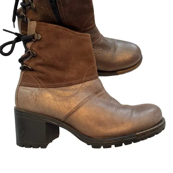 Fly London tie up back, side zip boots