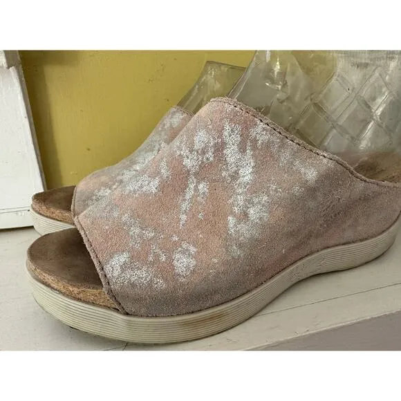 Fly London Wigg Chunky Wedge Mule Sandal Slide Silver Burnout Size 40 = US sz 9