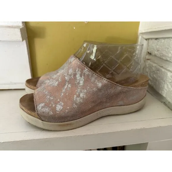Fly London Wigg Chunky Wedge Mule Sandal Slide Silver Burnout Size 40 = US sz 9