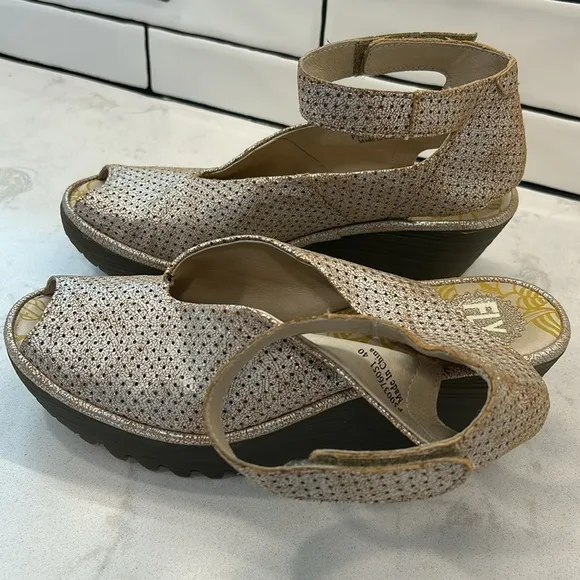 Fly London Yala Leather Perforated Wedges Gold Shimmer Size 9.5