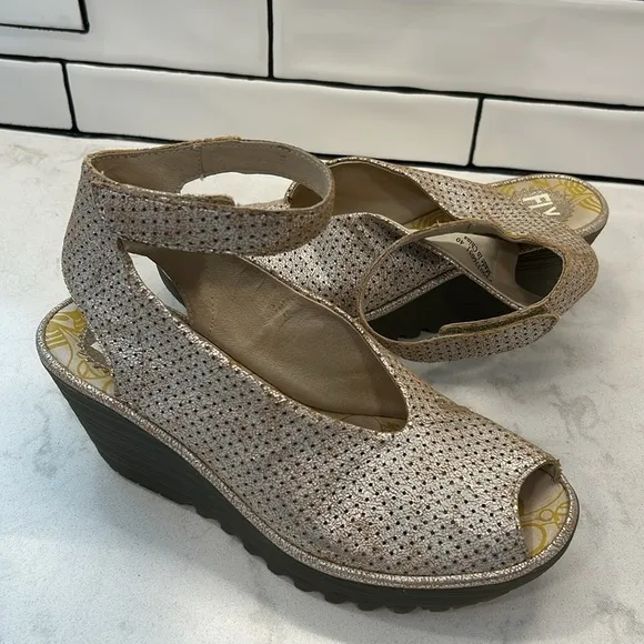 Fly London Yala Leather Perforated Wedges Gold Shimmer Size 9.5