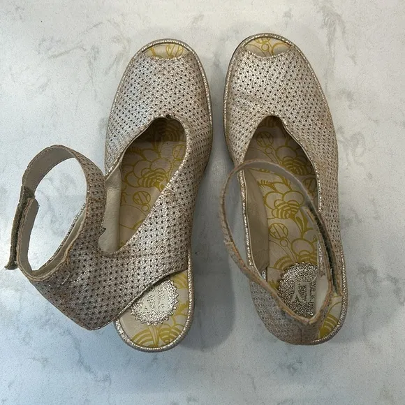 Fly London Yala Leather Perforated Wedges Gold Shimmer Size 9.5