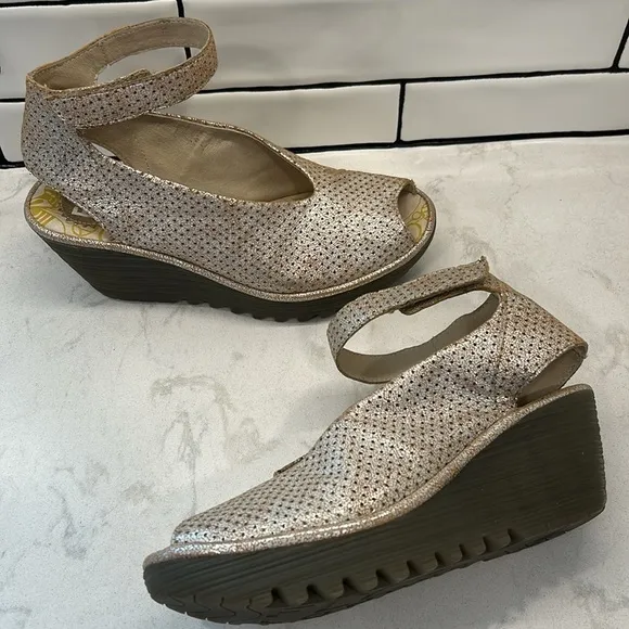 Fly London Yala Leather Perforated Wedges Gold Shimmer Size 9.5