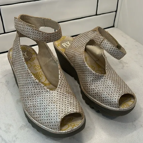 Fly London Yala Leather Perforated Wedges Gold Shimmer Size 9.5