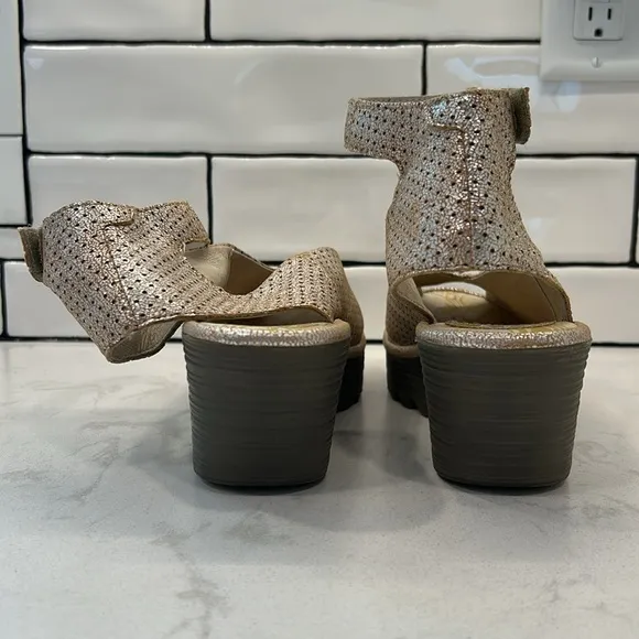 Fly London Yala Leather Perforated Wedges Gold Shimmer Size 9.5