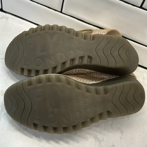 Fly London Yala Leather Perforated Wedges Gold Shimmer Size 9.5